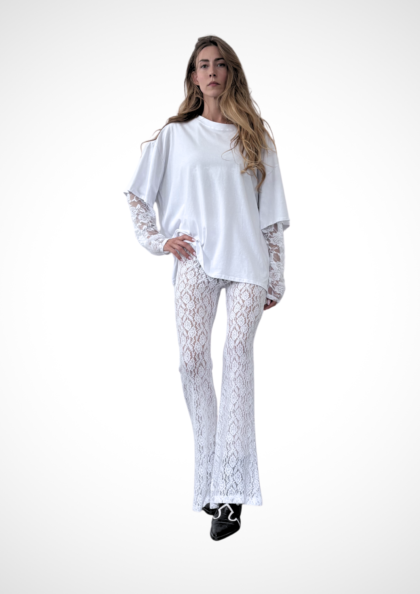 ALIJDA X NHTK Oversized Cotton Tee with Lace Sleeves